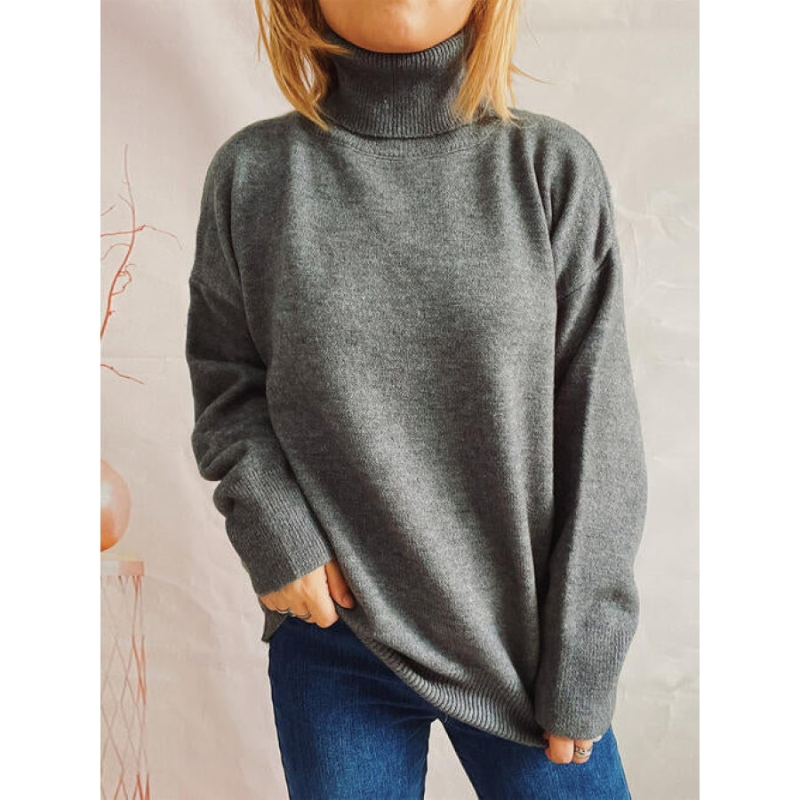 Turtleneck Long Sleeve Sweater Charcoal / One Size Clothing