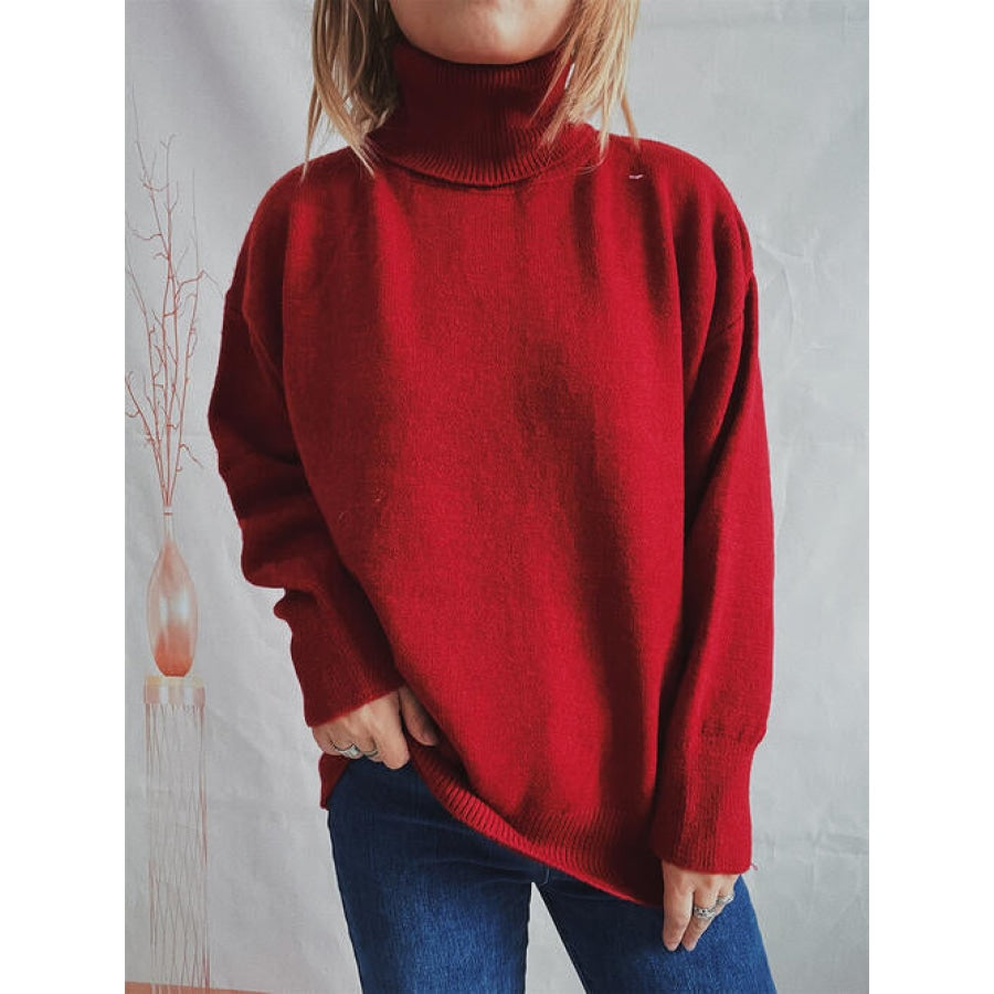 Turtleneck Long Sleeve Sweater Deep Red / One Size Clothing