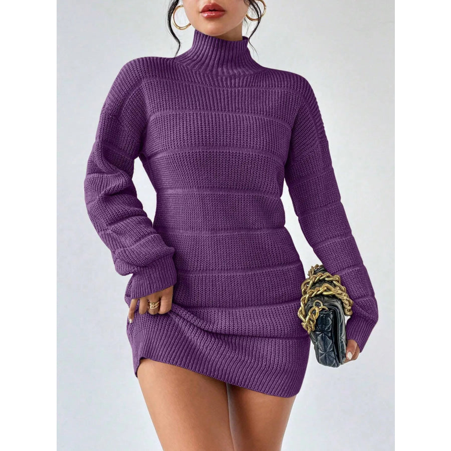 Turtleneck Long Sleeve Sweater Dress Purple / S Apparel and Accessories