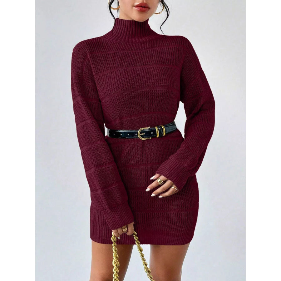 Turtleneck Long Sleeve Sweater Dress Wine Red / S Apparel and Accessories