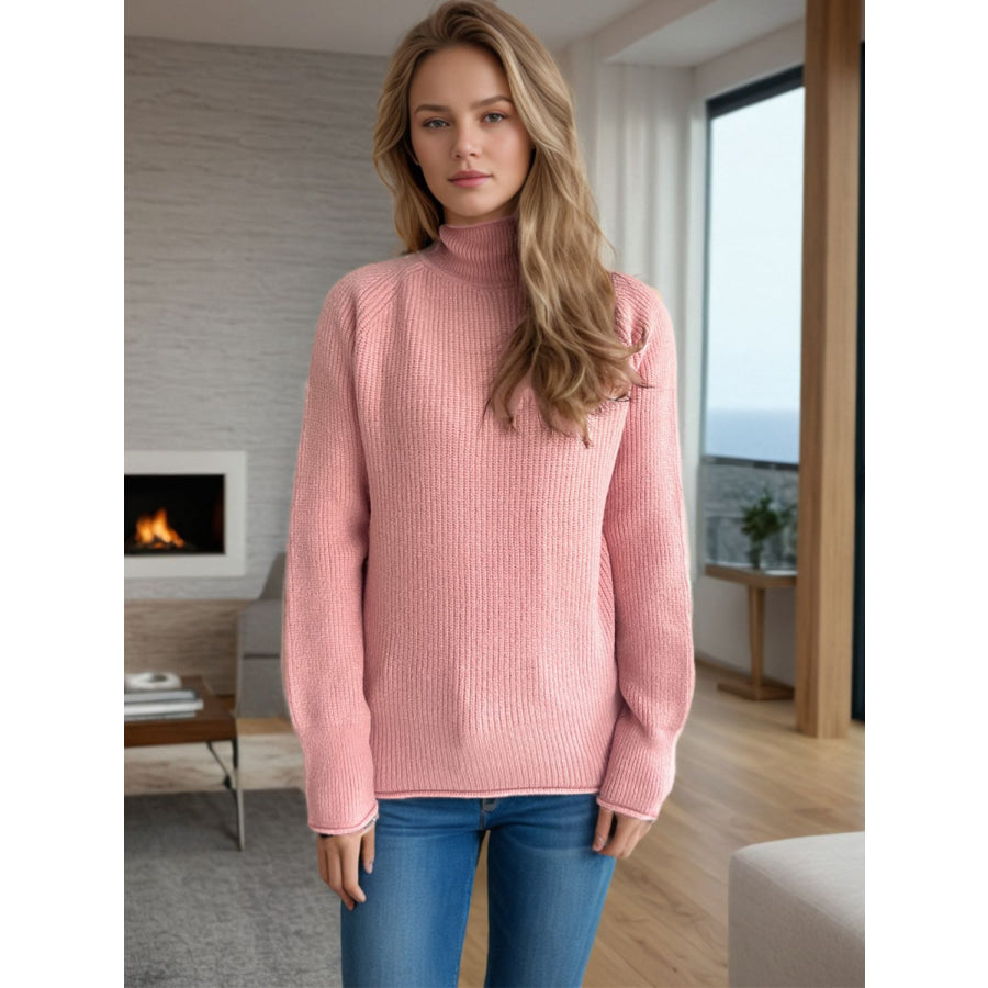 Turtleneck Long Sleeve Sweater Dusty Pink / One Size Apparel and Accessories