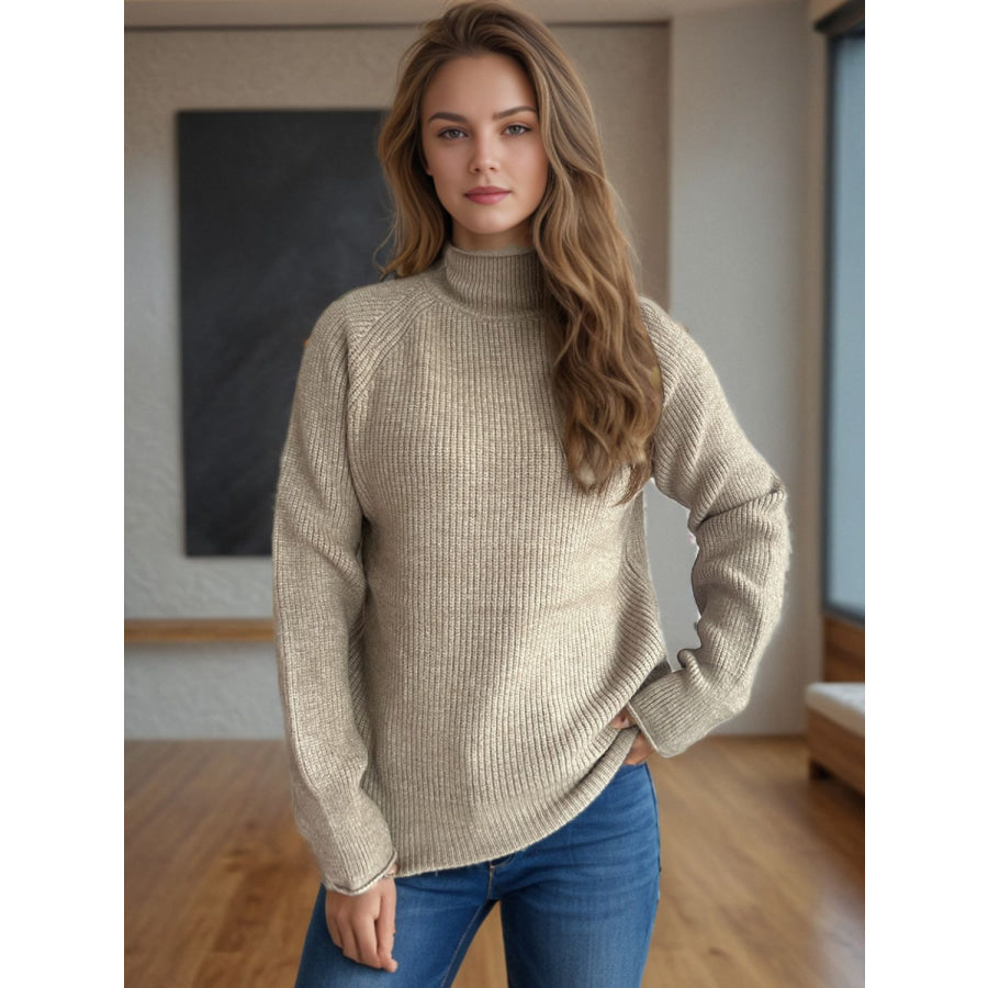 Turtleneck Long Sleeve Sweater Khaki / One Size Apparel and Accessories