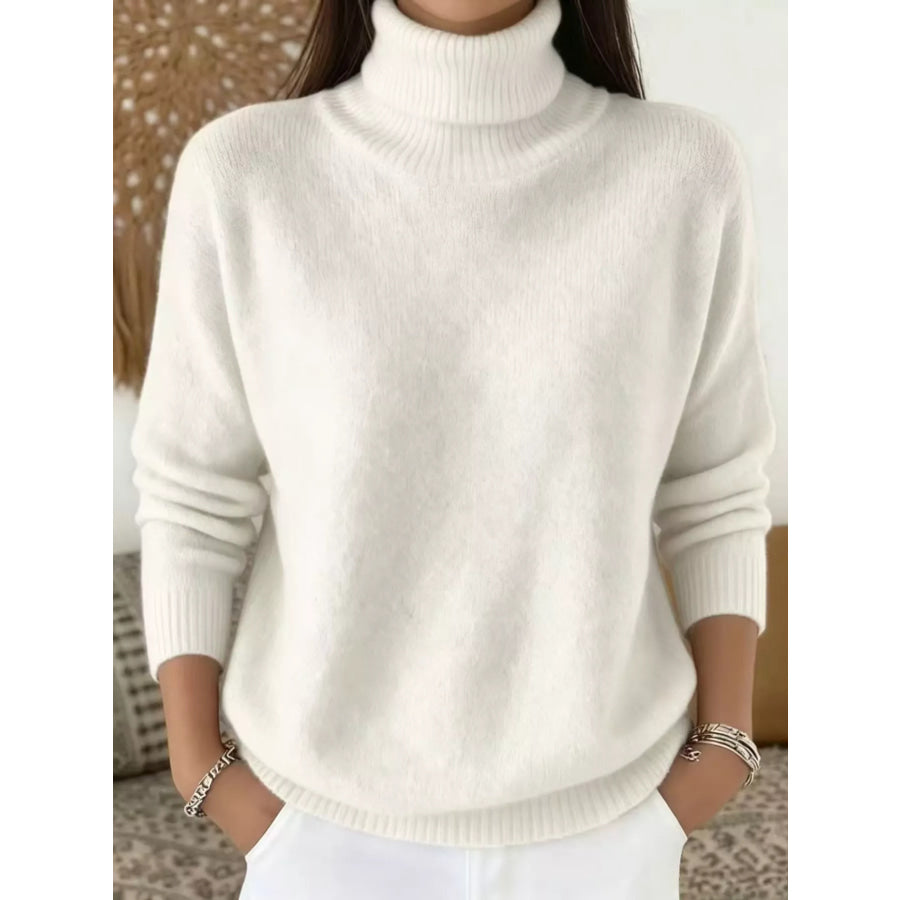 Turtleneck Long Sleeve Sweater White / S Apparel and Accessories