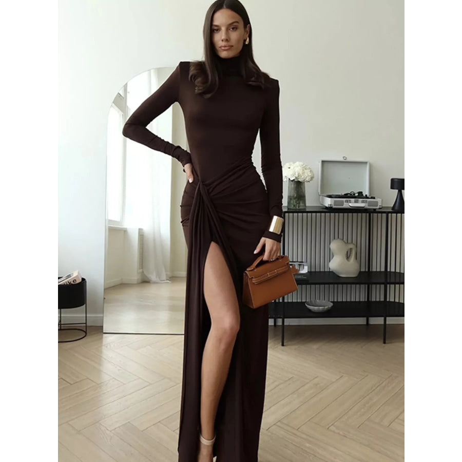 Turtleneck Long Sleeve Tie Waist Maxi Dress Apparel and Accessories