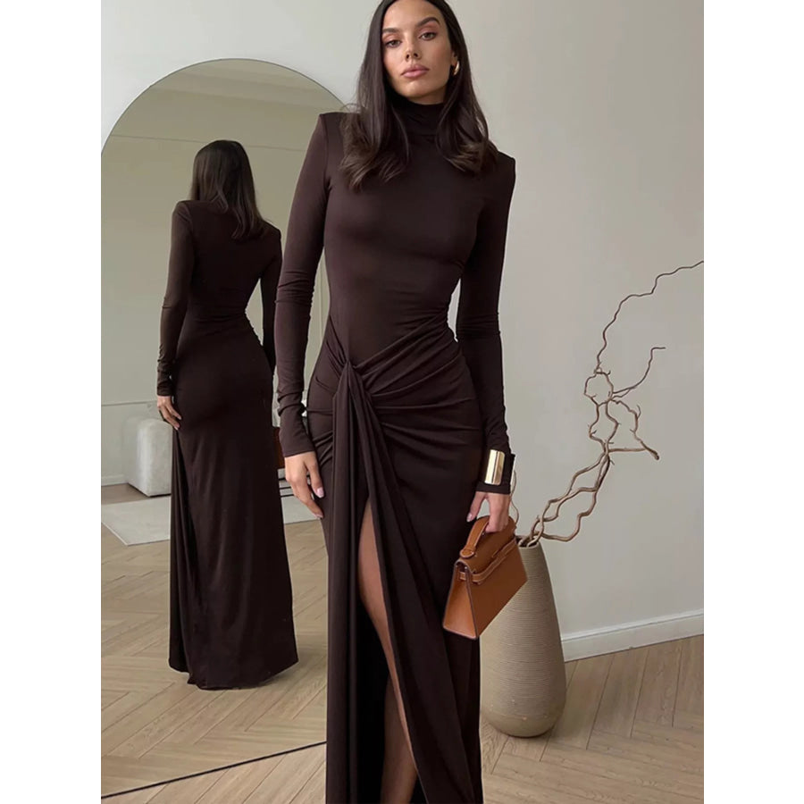 Turtleneck Long Sleeve Tie Waist Maxi Dress Apparel and Accessories