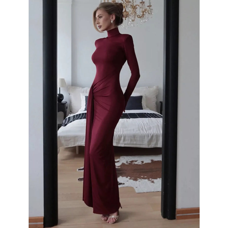 Turtleneck Long Sleeve Tie Waist Maxi Dress Apparel and Accessories