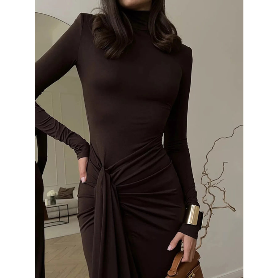 Turtleneck Long Sleeve Tie Waist Maxi Dress Apparel and Accessories
