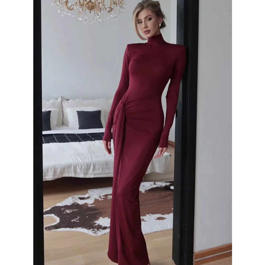 Turtleneck Long Sleeve Tie Waist Maxi Dress Apparel and Accessories