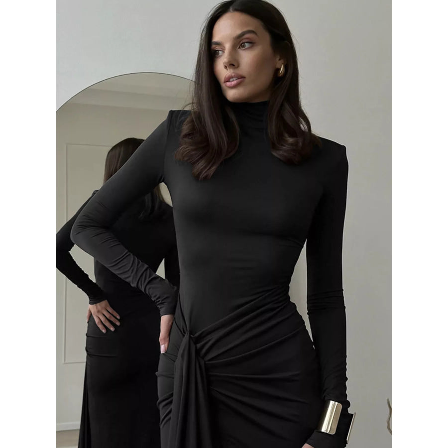 Turtleneck Long Sleeve Tie Waist Maxi Dress Black / S Apparel and Accessories