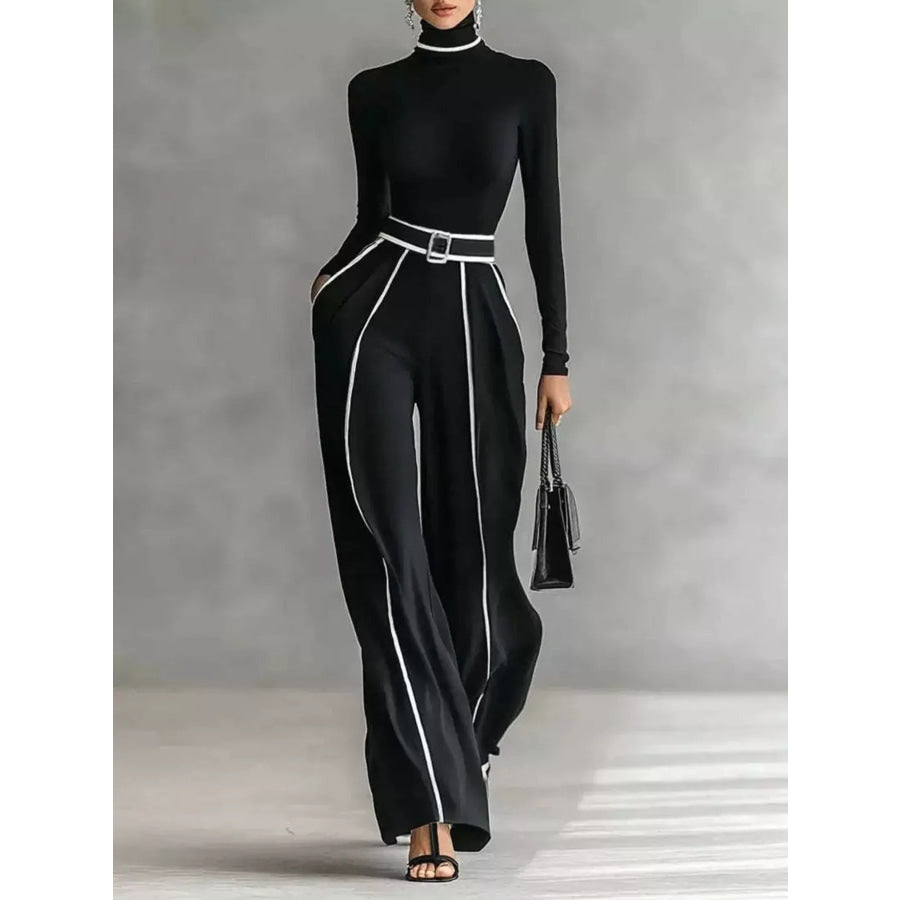 Turtleneck Long Sleeve Top and Contrast Pants Set Black / XS Apparel and Accessories