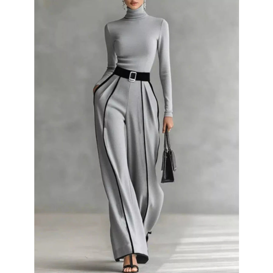 Turtleneck Long Sleeve Top and Contrast Pants Set Grey / XS Apparel and Accessories