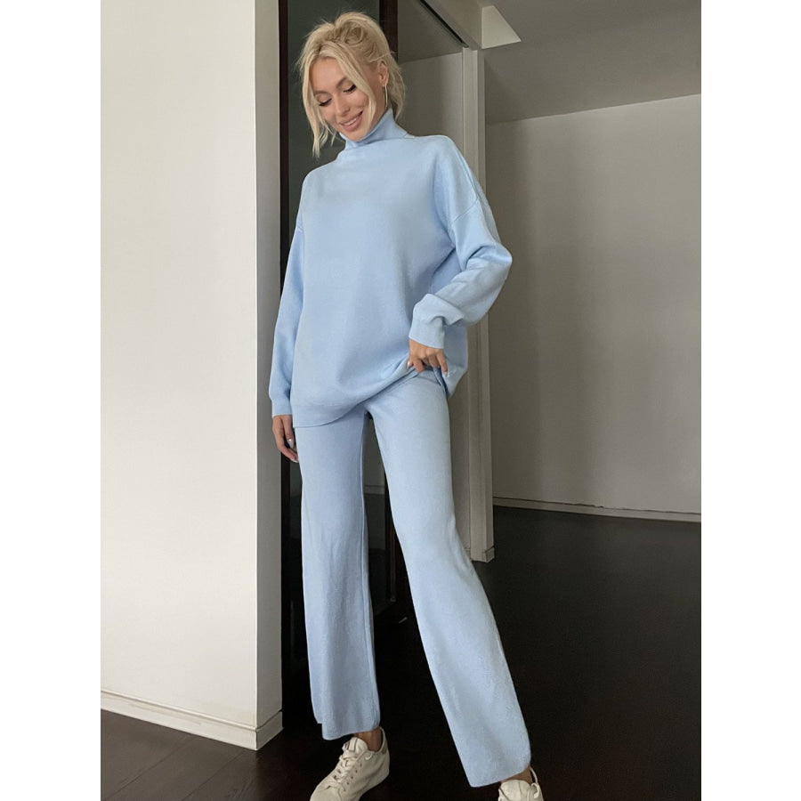 Turtleneck Long Sleeve Top and Drawstring Pants Sweater Set Apparel and Accessories