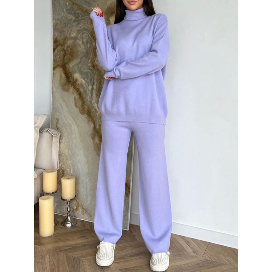 Turtleneck Long Sleeve Top and Drawstring Pants Sweater Set Blue Purple / One Size Apparel and Accessories