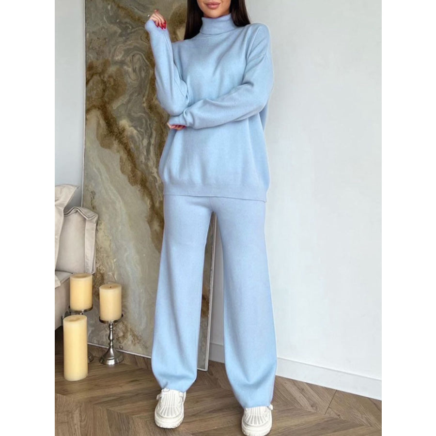 Turtleneck Long Sleeve Top and Drawstring Pants Sweater Set Light Blue / One Size Apparel and Accessories