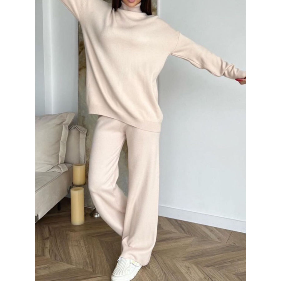 Turtleneck Long Sleeve Top and Drawstring Pants Sweater Set Tan / One Size Apparel and Accessories