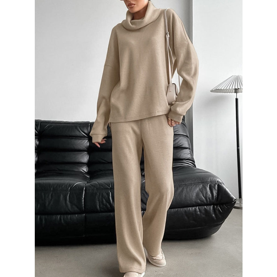 Turtleneck Long Sleeve Top and Pants Set Khaki / S Apparel and Accessories