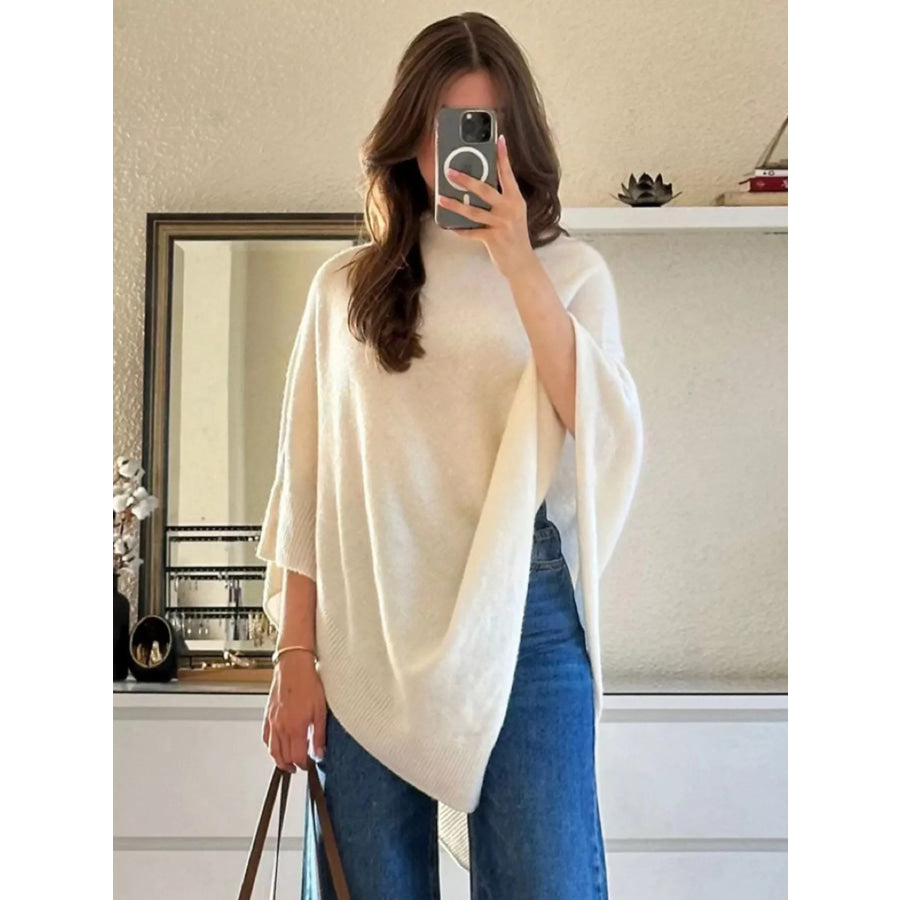 Turtleneck Loose Knit Sweater Poncho Apricot / One Size Apparel and Accessories