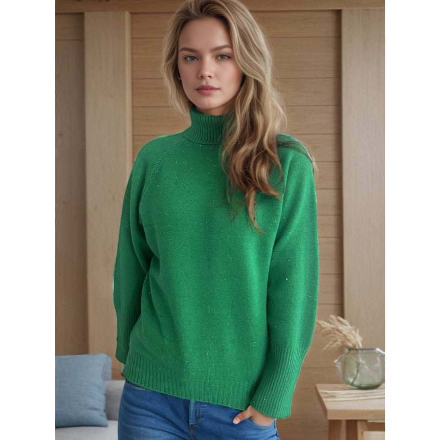 Turtleneck Raglan Sleeve Sweater Dark Green / One Size Apparel and Accessories