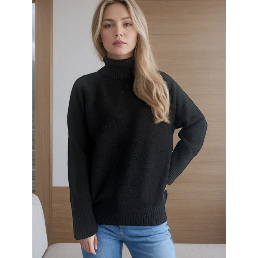 Turtleneck Raglan Sleeve Sweater Black / One Size Apparel and Accessories