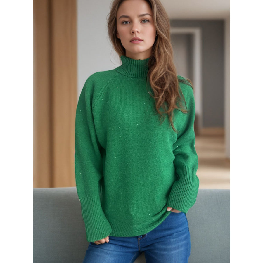 Turtleneck Raglan Sleeve Sweater Dark Green / One Size Apparel and Accessories