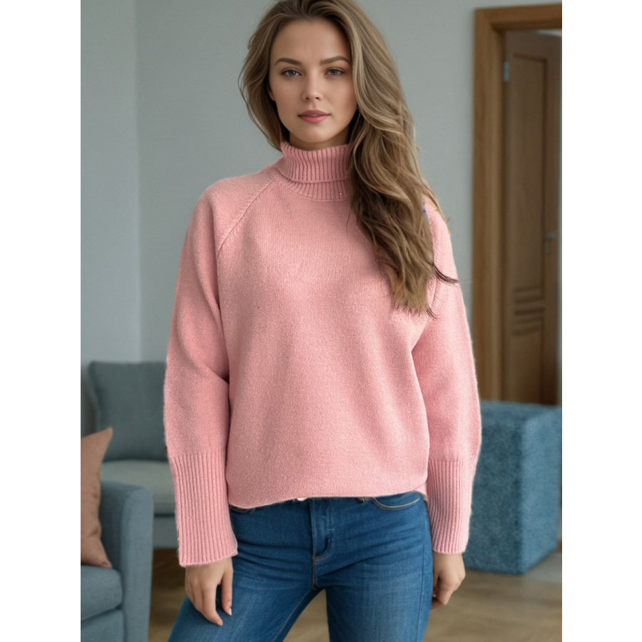 Turtleneck Raglan Sleeve Sweater Dusty Pink / One Size Apparel and Accessories