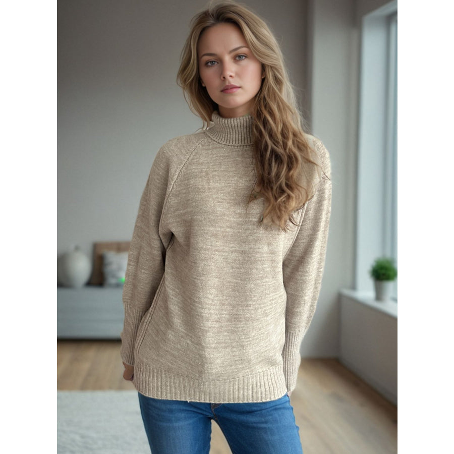 Turtleneck Raglan Sleeve Sweater Khaki / One Size Apparel and Accessories