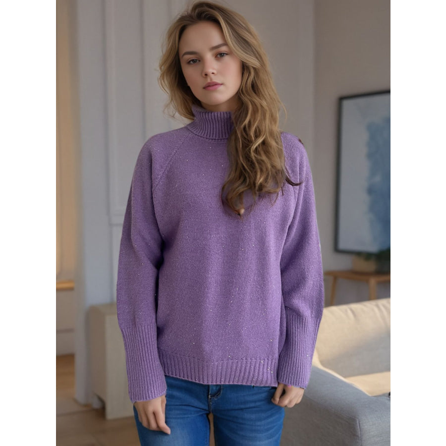 Turtleneck Raglan Sleeve Sweater Purple / One Size Apparel and Accessories