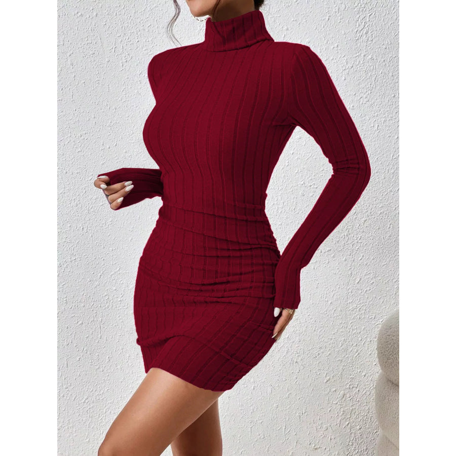 Turtleneck Ribbed Bodycon Knit Dress Wine Red / S Apparel and Accessories