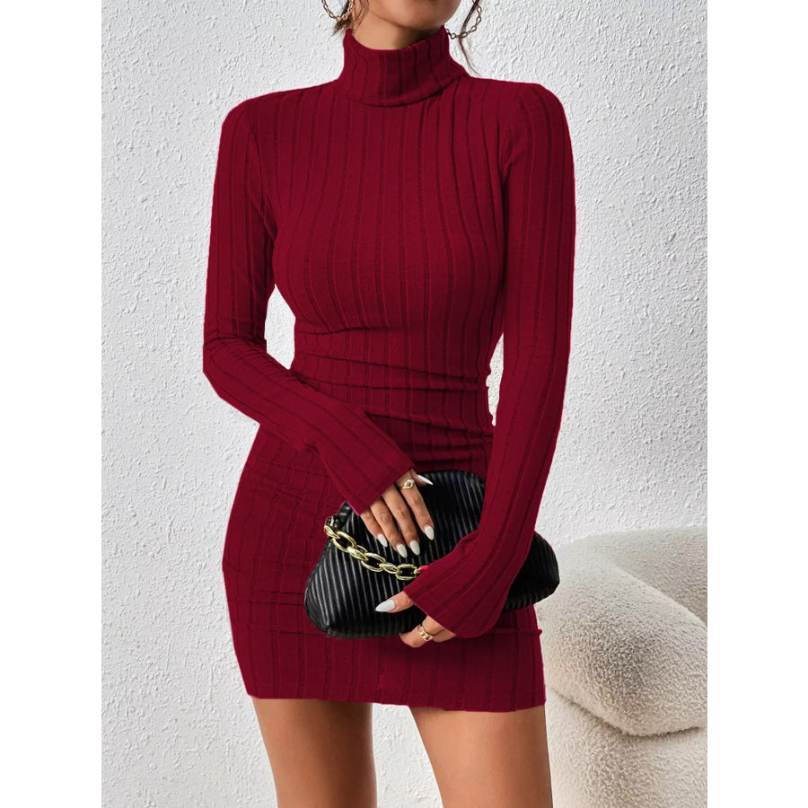 Turtleneck Ribbed Bodycon Knit Dress Wine Red / S Apparel and Accessories
