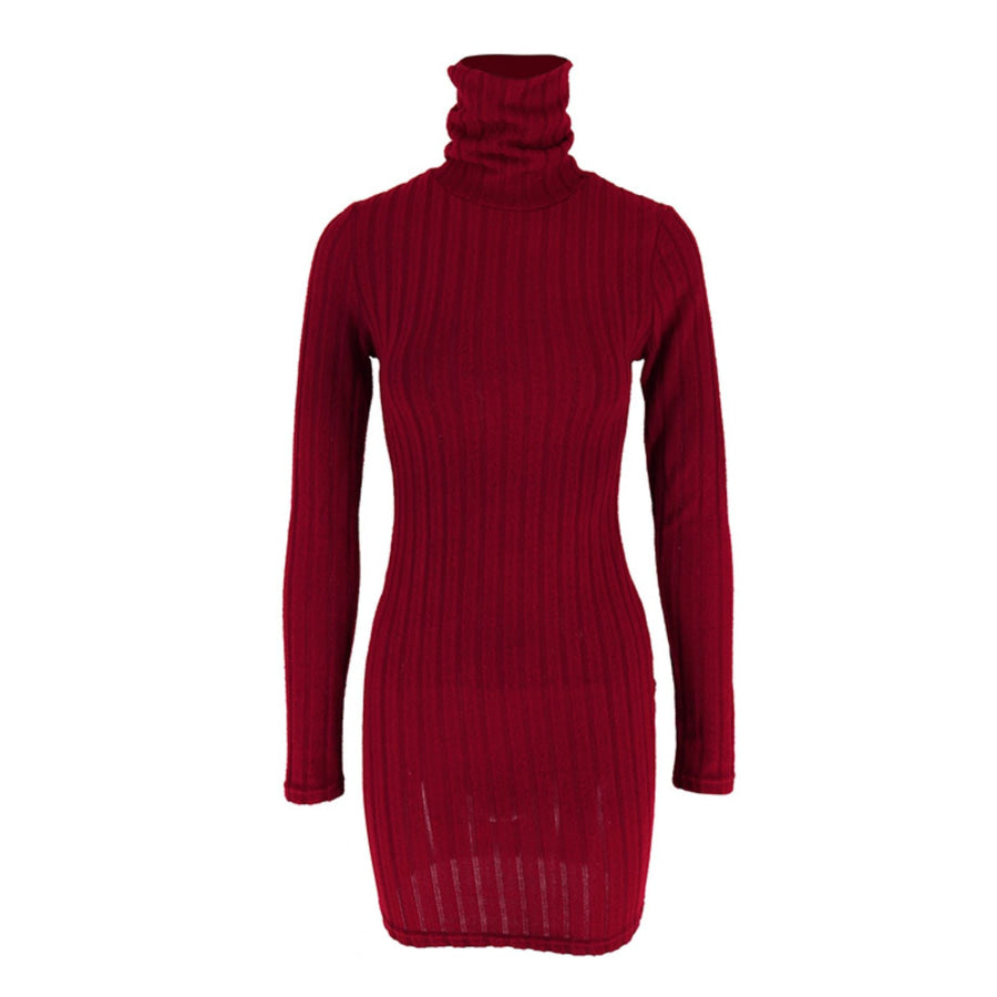 Turtleneck Ribbed Bodycon Mini Dress Red / S Apparel and Accessories