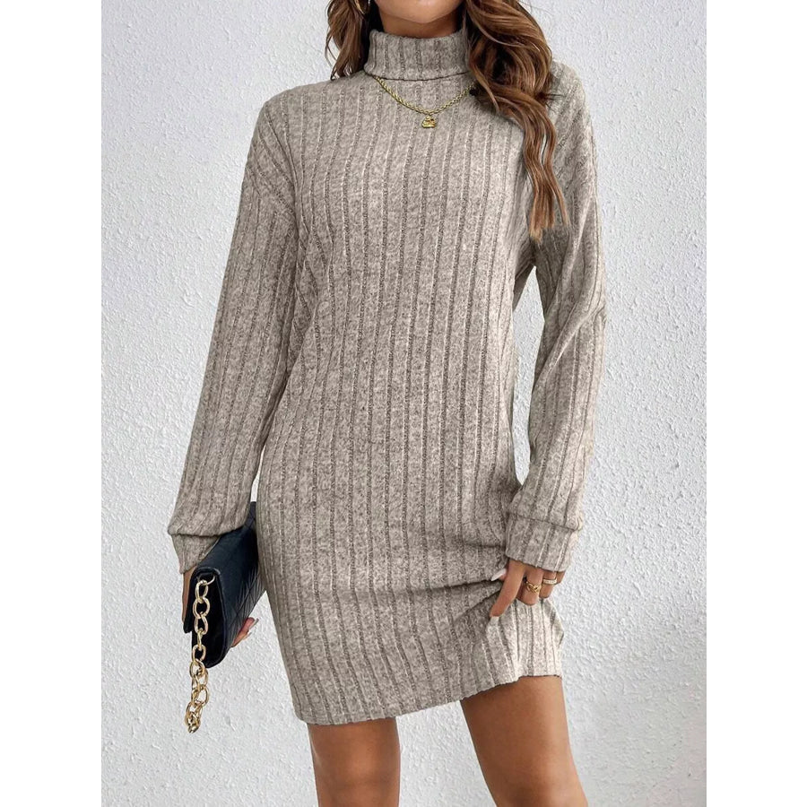 Turtleneck Ribbed Knit Dress Mocha / S Apparel and Accessories
