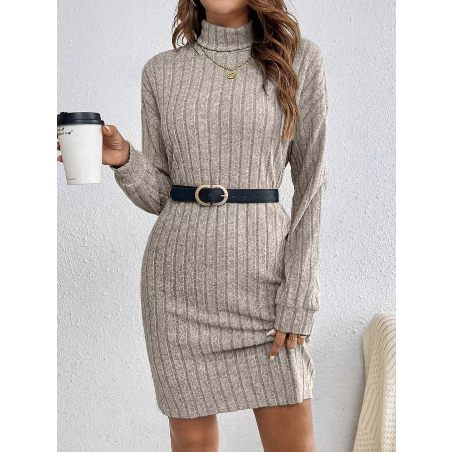 Turtleneck Ribbed Knit Dress Mocha / S Apparel and Accessories