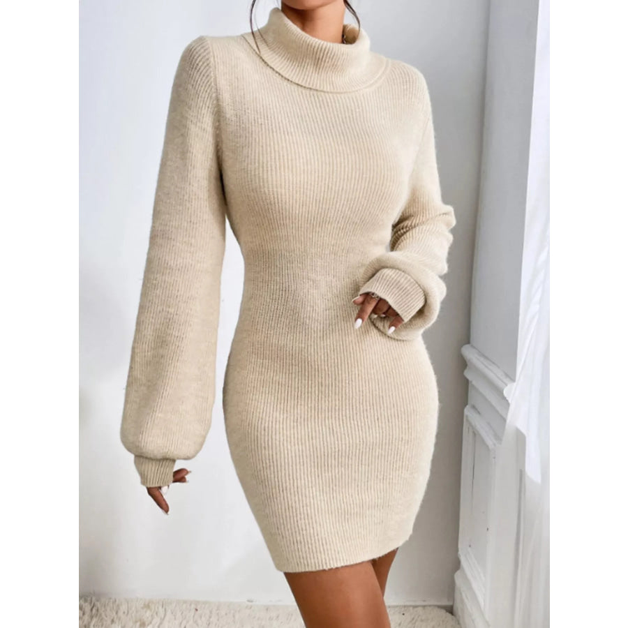 Turtleneck Ribbed Knit Sweater Dress Apricot / S Apparel and Accessories