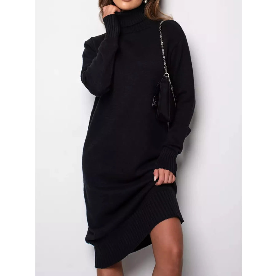 Turtleneck Ribbed Knit Sweater Dress Black / S Apparel and Accessories
