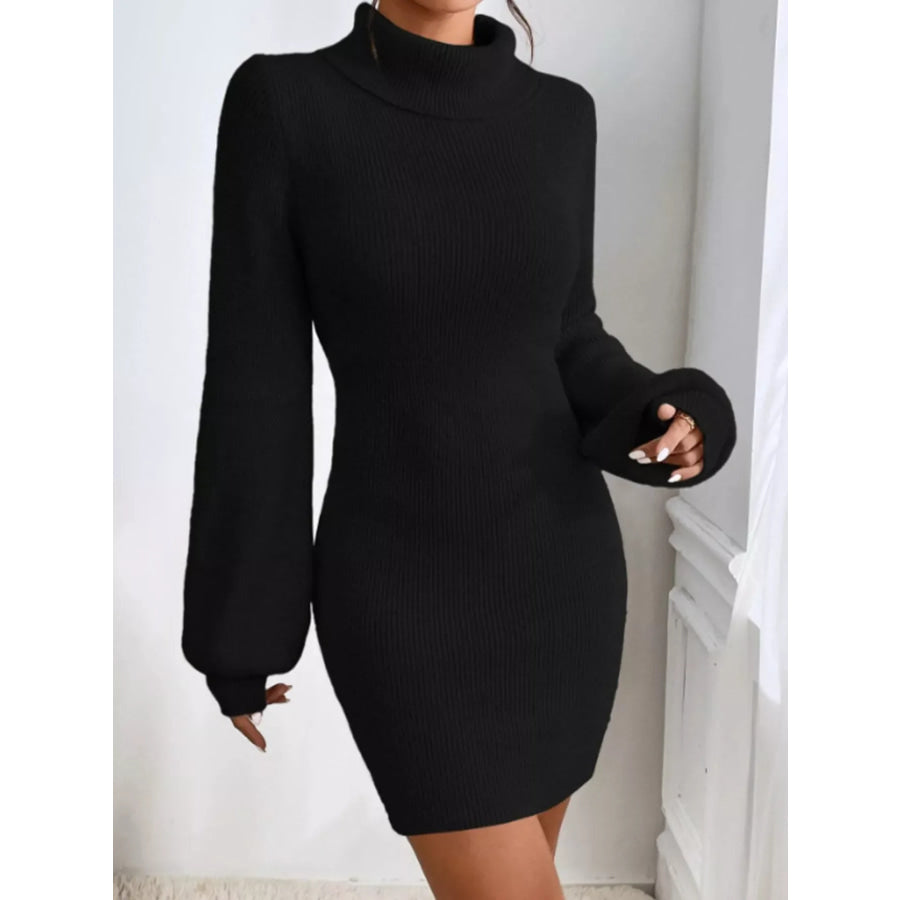Turtleneck Ribbed Knit Sweater Dress Black / S Apparel and Accessories