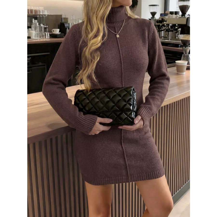 Turtleneck Ribbed Knit Sweater Dress Brown / S Apparel and Accessories