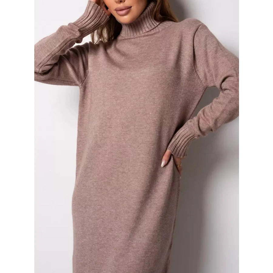 Turtleneck Ribbed Knit Sweater Dress Camel / S Apparel and Accessories