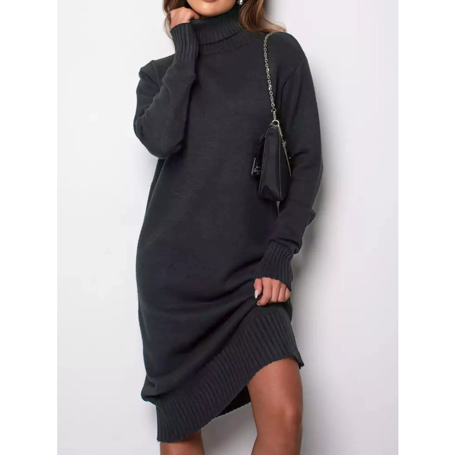 Turtleneck Ribbed Knit Sweater Dress Dark Gray / S Apparel and Accessories