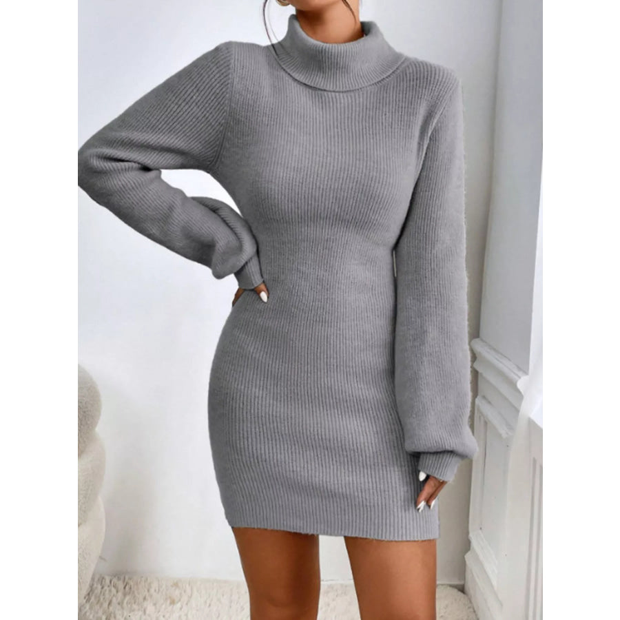 Turtleneck Ribbed Knit Sweater Dress Gray / S Apparel and Accessories