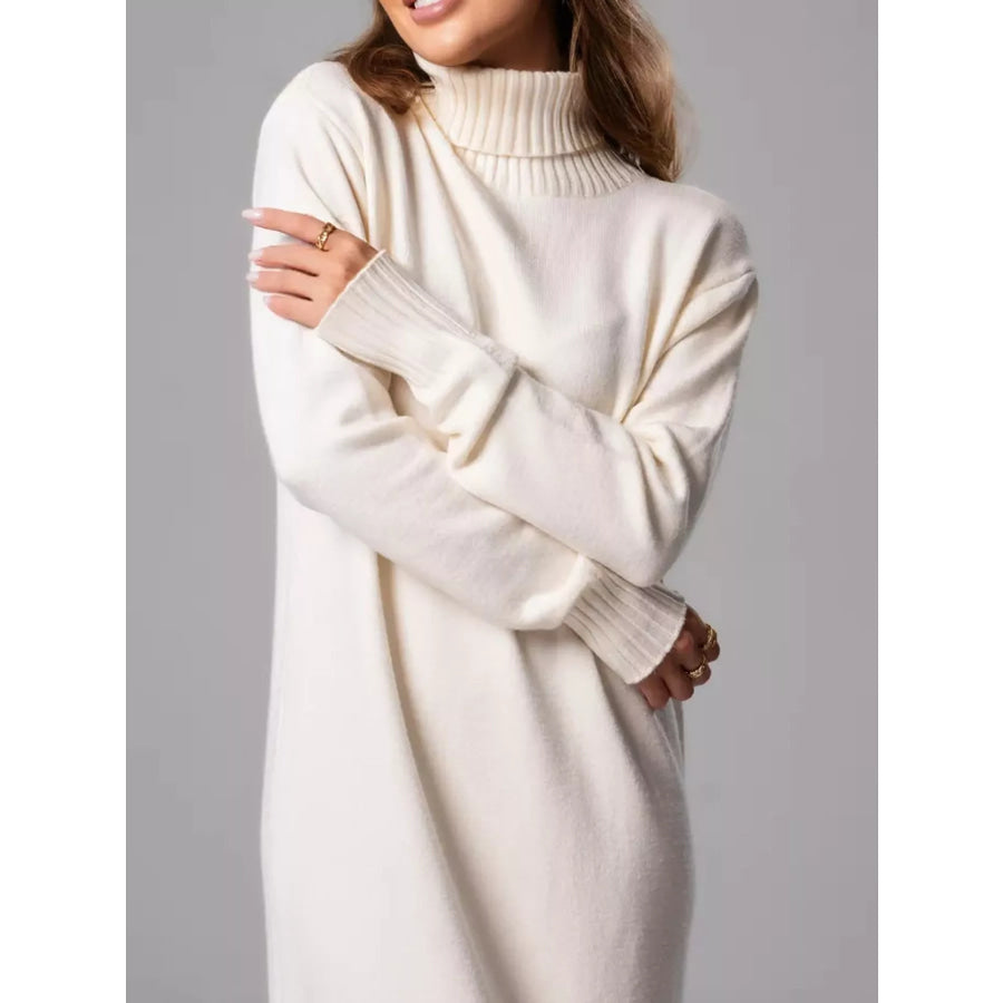 Turtleneck Ribbed Knit Sweater Dress White / S Apparel and Accessories