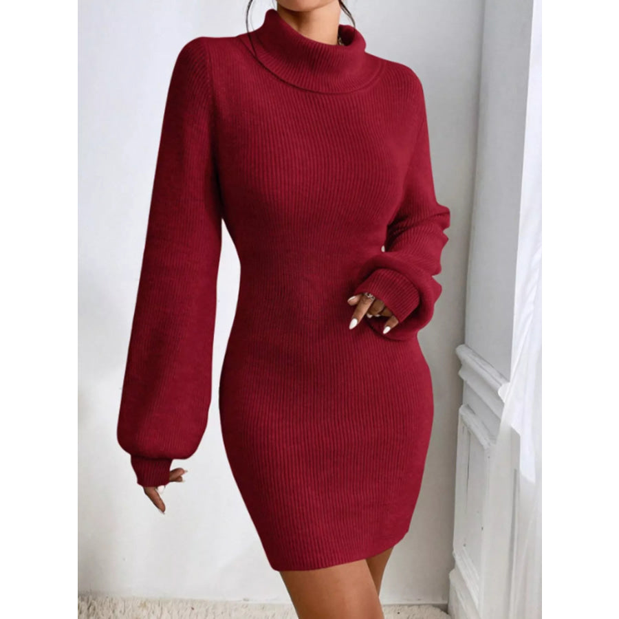 Turtleneck Ribbed Knit Sweater Dress Wine Red / S Apparel and Accessories