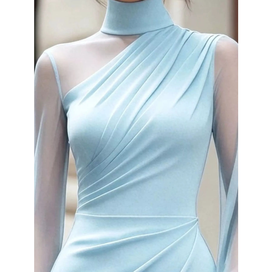 Turtleneck Sheer Sleeve Ruched Bodycon Dress Apparel and Accessories