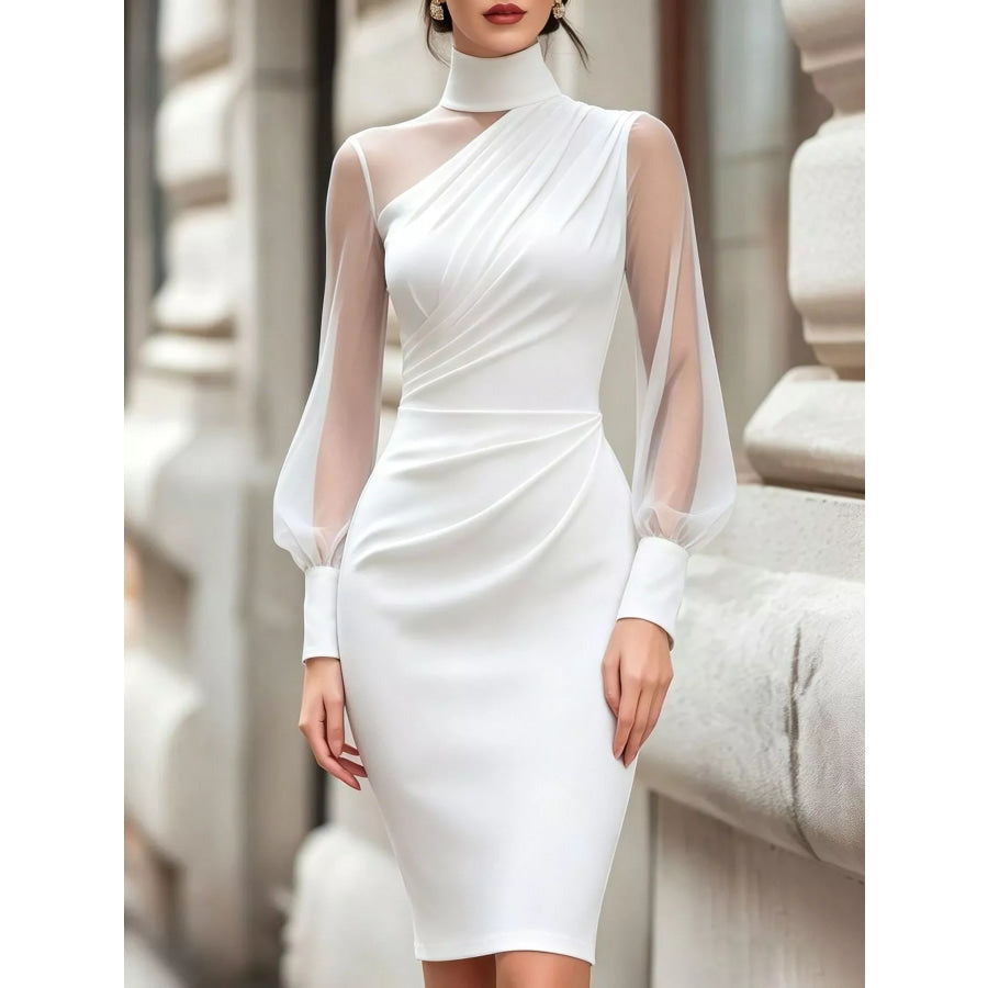 Turtleneck Sheer Sleeve Ruched Bodycon Dress White / S Apparel and Accessories