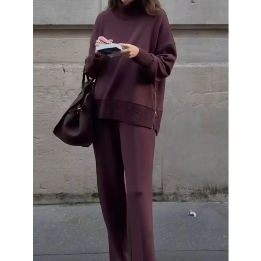 Turtleneck Side Zipper Sweatshirt and Pants Set Apparel and Accessories