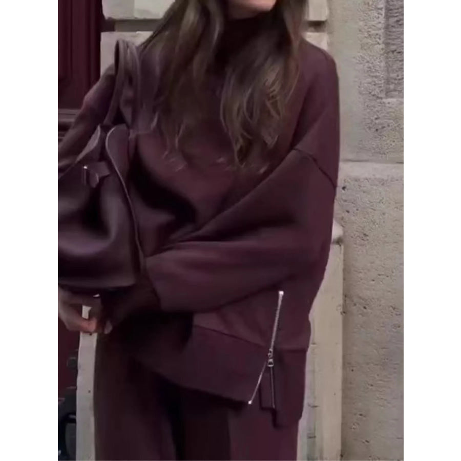Turtleneck Side Zipper Sweatshirt and Pants Set Apparel and Accessories