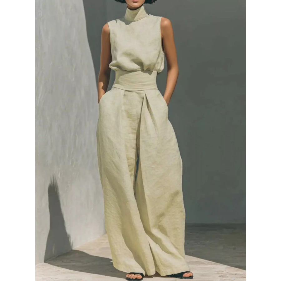 Turtleneck Sleeveless Top and Wide-Leg Pants Set Apricot / S Apparel and Accessories