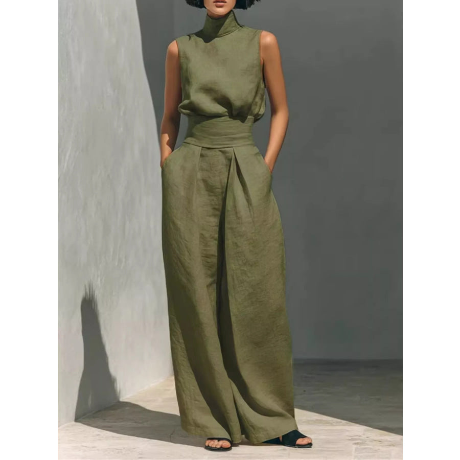 Turtleneck Sleeveless Top and Wide-Leg Pants Set Army Green / S Apparel and Accessories