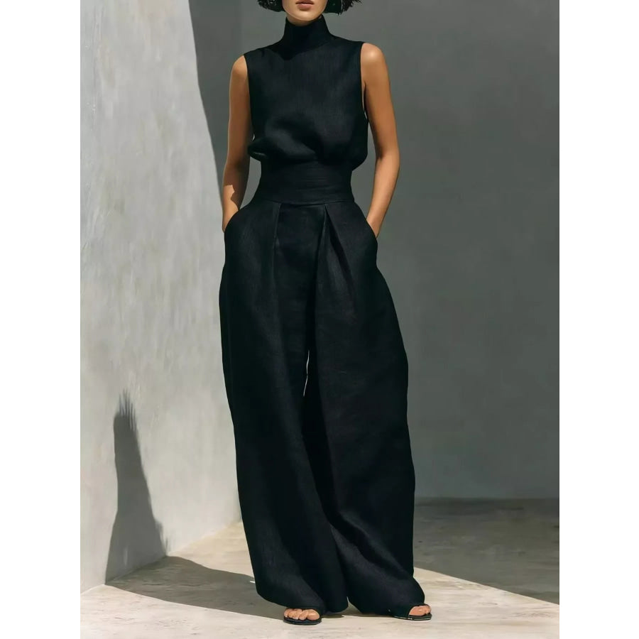 Turtleneck Sleeveless Top and Wide-Leg Pants Set Black / S Apparel and Accessories