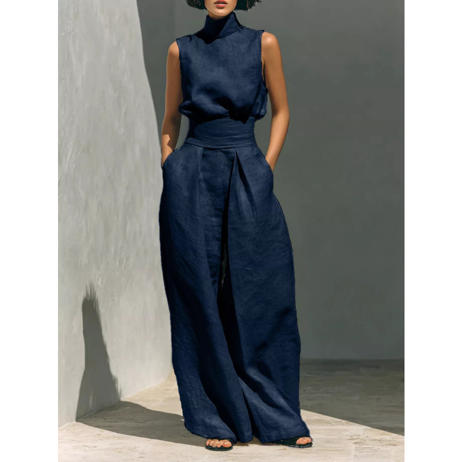 Turtleneck Sleeveless Top and Wide-Leg Pants Set Navy Blue / S Apparel and Accessories
