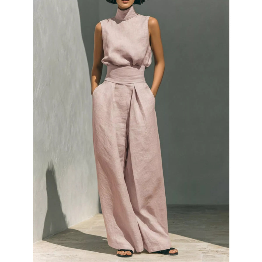 Turtleneck Sleeveless Top and Wide-Leg Pants Set Pink / S Apparel and Accessories